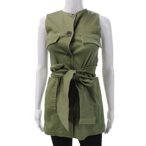 Shannon Mclean Womens Sleeveless Cotton Jacket Green Button Round Neck Size S